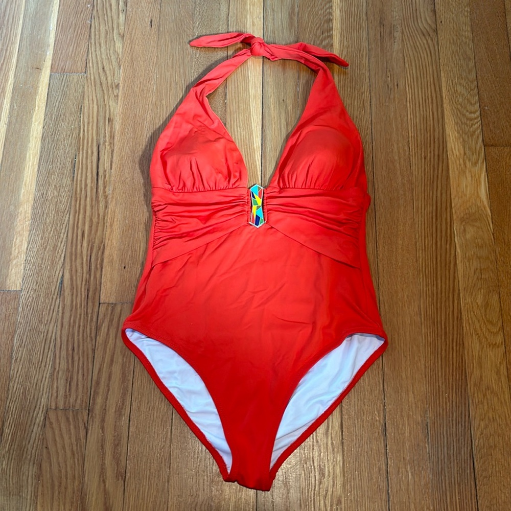 Lazul orange halter top plunge one piece bathing suit w/ gold mosaic medallion